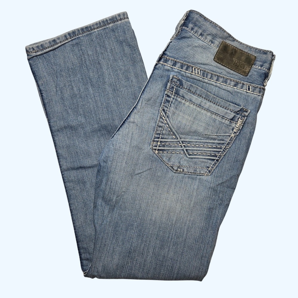 BKE Jake Straight Leg Jeans Mens 31R (Fits ~34x31) Medium Wash Distressed Denim
